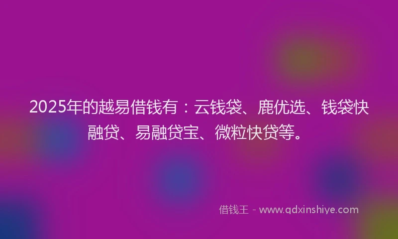 2025年的越易借钱有：云钱袋、鹿优选、钱袋快融贷、易融贷宝、微粒快贷等。