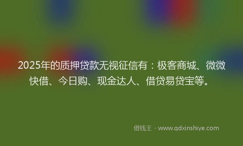 2025年的质押贷款无视征信有：极客商城、微微快借、今日购、现金达人、借贷易贷宝等。