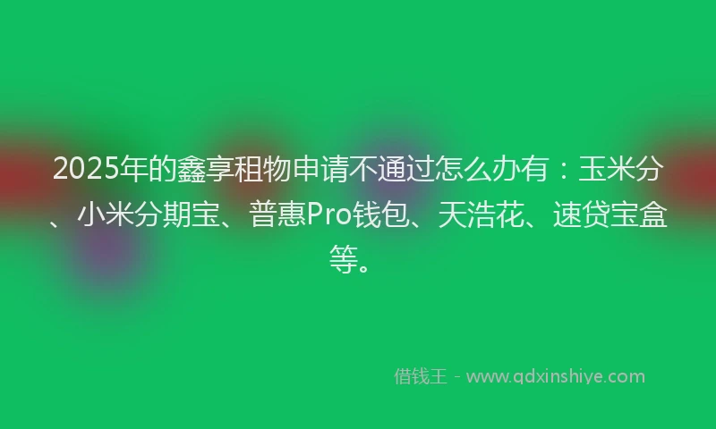 2025年的鑫享租物申请不通过怎么办有：玉米分、小米分期宝、普惠Pro钱包、天浩花、速贷宝盒等。