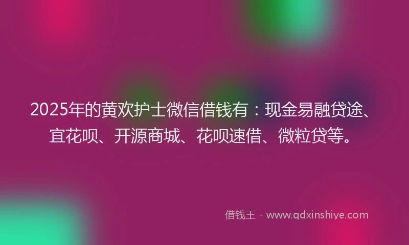 2025年的黄欢护士微信借钱有：现金易融贷途、宜花呗、开源商城、花呗速借、微粒贷等。
