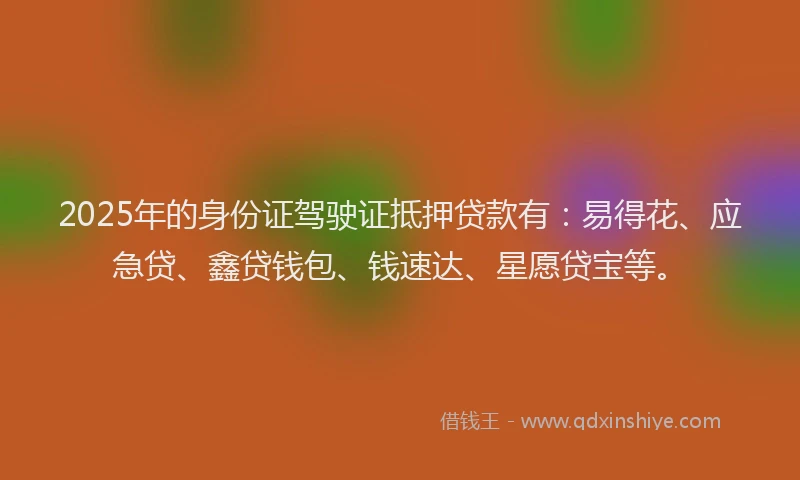 2025年的身份证驾驶证抵押贷款有：易得花、应急贷、鑫贷钱包、钱速达、星愿贷宝等。