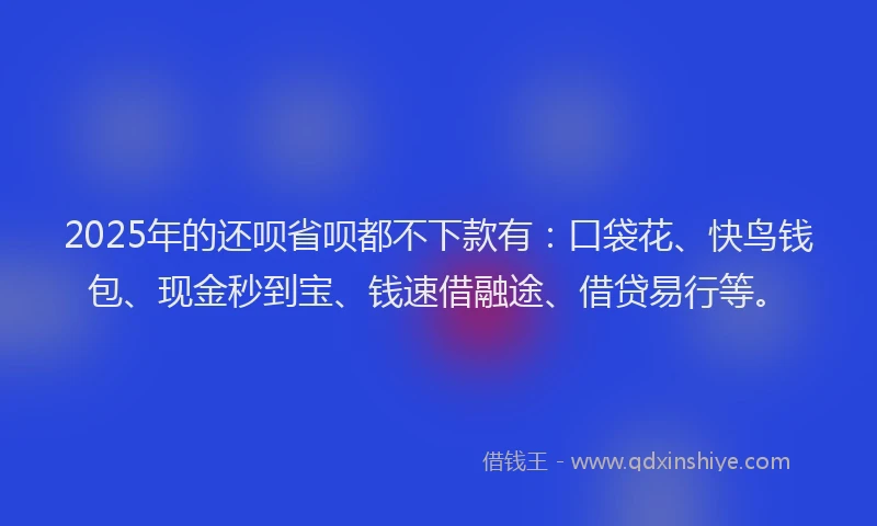 2025年的还呗省呗都不下款有：口袋花、快鸟钱包、现金秒到宝、钱速借融途、借贷易行等。