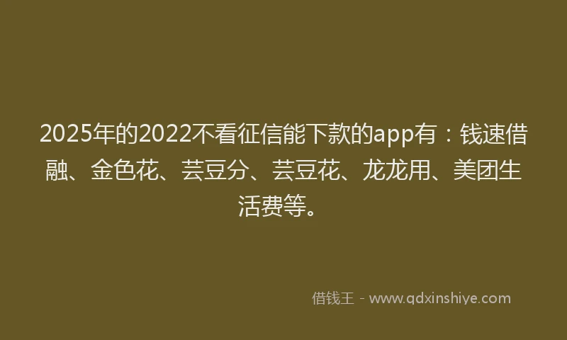 2025年的2022不看征信能下款的app有：钱速借融、金色花、芸豆分、芸豆花、龙龙用、美团生活费等。