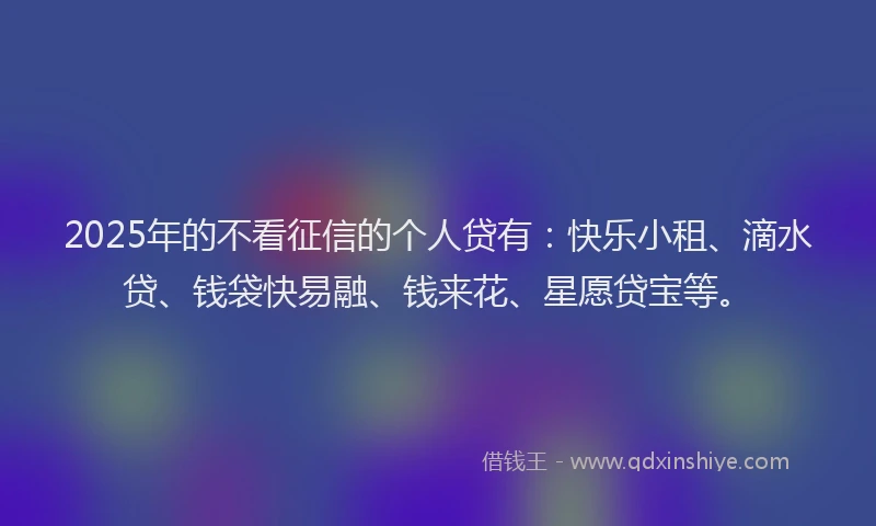 2025年的不看征信的个人贷有：快乐小租、滴水贷、钱袋快易融、钱来花、星愿贷宝等。