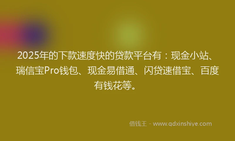 2025年的下款速度快的贷款平台有：现金小站、瑞信宝Pro钱包、现金易借通、闪贷速借宝、百度有钱花等。