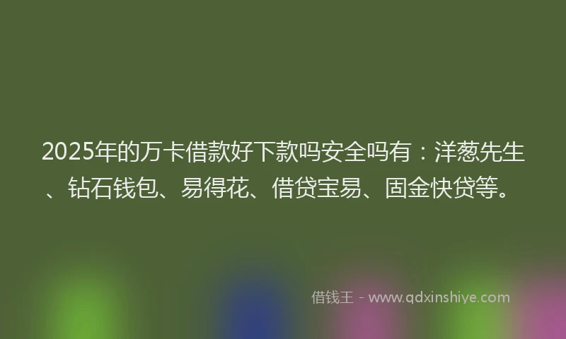 2025年的万卡借款好下款吗安全吗有：洋葱先生、钻石钱包、易得花、借贷宝易、固金快贷等。