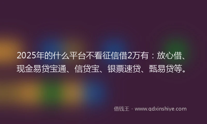 2025年的什么平台不看征信借2万有：放心借、现金易贷宝通、信贷宝、银票速贷、甄易贷等。