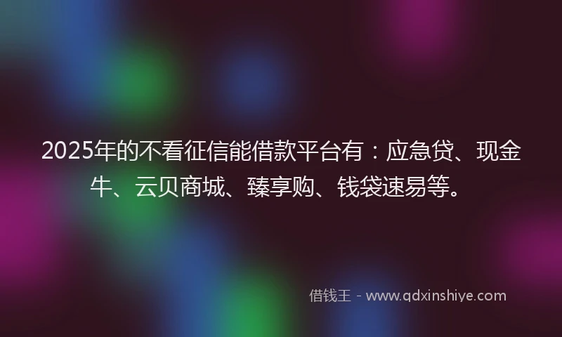 2025年的不看征信能借款平台有：应急贷、现金牛、云贝商城、臻享购、钱袋速易等。