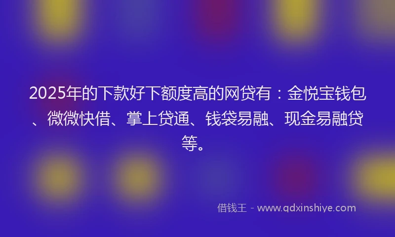 2025年的下款好下额度高的网贷有：金悦宝钱包、微微快借、掌上贷通、钱袋易融、现金易融贷等。