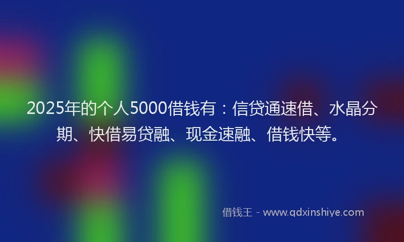 2025年的个人5000借钱有：信贷通速借、水晶分期、快借易贷融、现金速融、借钱快等。