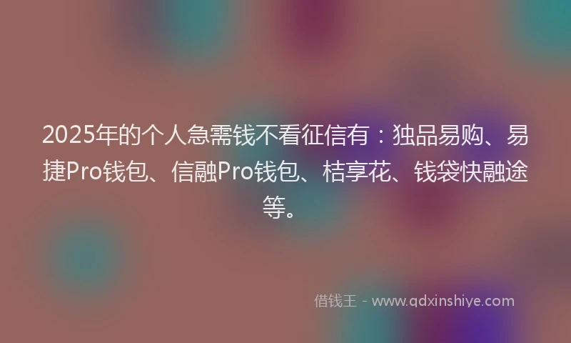 2025年的个人急需钱不看征信有：独品易购、易捷Pro钱包、信融Pro钱包、桔享花、钱袋快融途等。