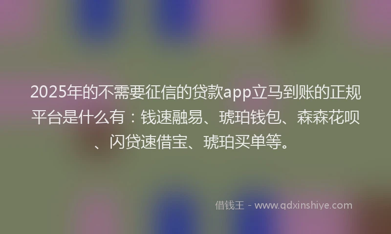 2025年的不需要征信的贷款app立马到账的正规平台是什么有：钱速融易、琥珀钱包、森森花呗、闪贷速借宝、琥珀买单等。