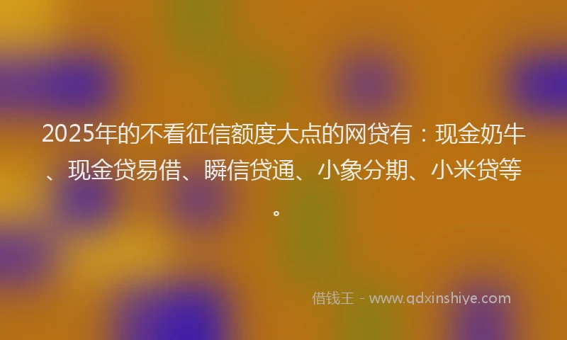 2025年的不看征信额度大点的网贷有：现金奶牛、现金贷易借、瞬信贷通、小象分期、小米贷等。