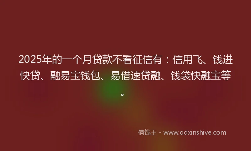 2025年的一个月贷款不看征信有：信用飞、钱进快贷、融易宝钱包、易借速贷融、钱袋快融宝等。