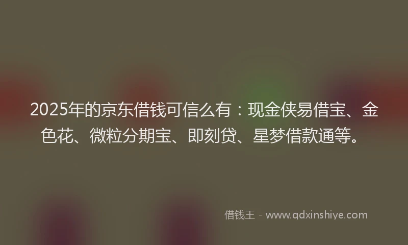 2025年的京东借钱可信么有：现金侠易借宝、金色花、微粒分期宝、即刻贷、星梦借款通等。