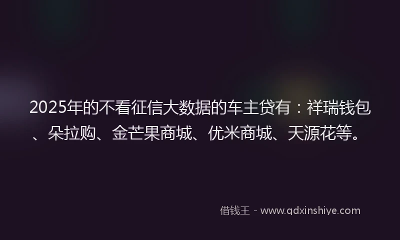 2025年的不看征信大数据的车主贷有：祥瑞钱包、朵拉购、金芒果商城、优米商城、天源花等。