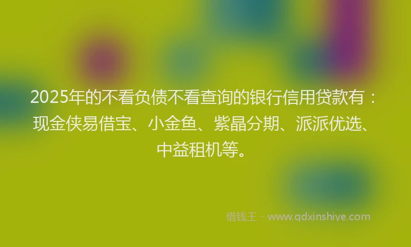 2025年的不看负债不看查询的银行信用贷款有：现金侠易借宝、小金鱼、紫晶分期、派派优选、中益租机等。