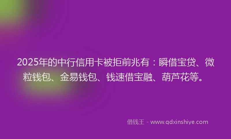 2025年的中行信用卡被拒前兆有：瞬借宝贷、微粒钱包、金易钱包、钱速借宝融、葫芦花等。