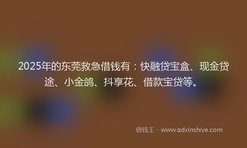 2025年的东莞救急借钱有：快融贷宝盒、现金贷途、小金鸽、抖享花、借款宝贷等。