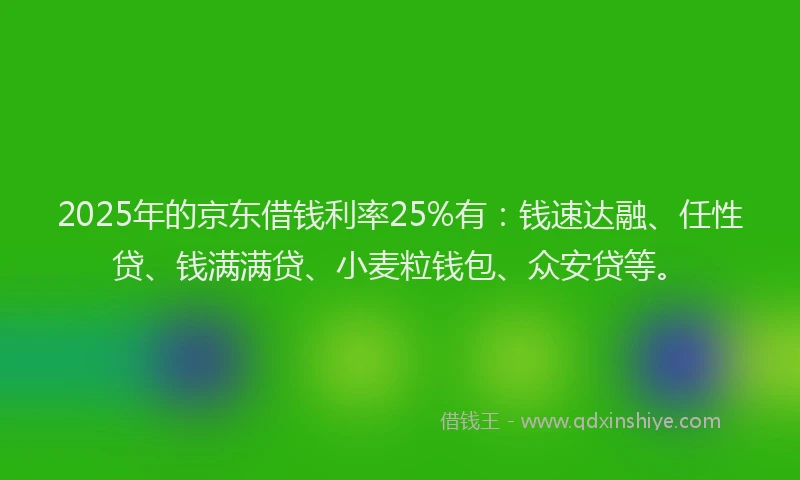 2025年的京东借钱利率25%有：钱速达融、任性贷、钱满满贷、小麦粒钱包、众安贷等。