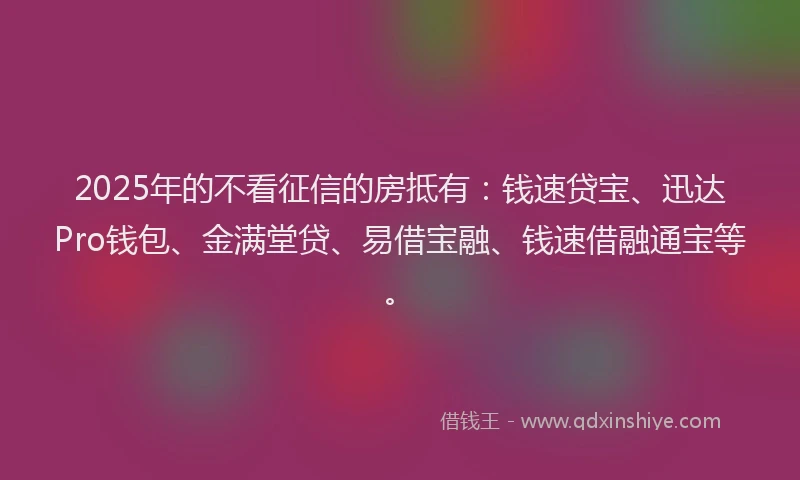 2025年的不看征信的房抵有：钱速贷宝、迅达Pro钱包、金满堂贷、易借宝融、钱速借融通宝等。