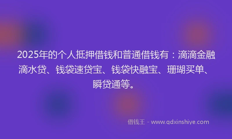 2025年的个人抵押借钱和普通借钱有：滴滴金融滴水贷、钱袋速贷宝、钱袋快融宝、珊瑚买单、瞬贷通等。