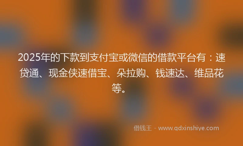 2025年的下款到支付宝或微信的借款平台有：速贷通、现金侠速借宝、朵拉购、钱速达、维品花等。