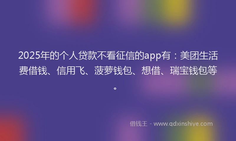 2025年的个人贷款不看征信的app有：美团生活费借钱、信用飞、菠萝钱包、想借、瑞宝钱包等。
