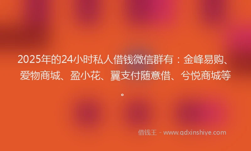 2025年的24小时私人借钱微信群有：金峰易购、爱物商城、盈小花、翼支付随意借、兮悦商城等。