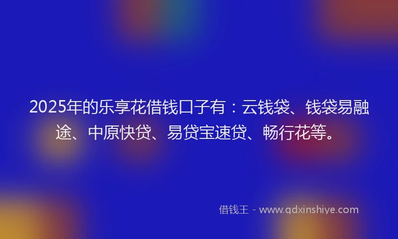 2025年的乐享花借钱口子有：云钱袋、钱袋易融途、中原快贷、易贷宝速贷、畅行花等。