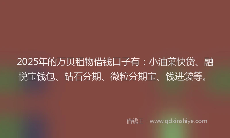 2025年的万贝租物借钱口子有：小油菜快贷、融悦宝钱包、钻石分期、微粒分期宝、钱进袋等。