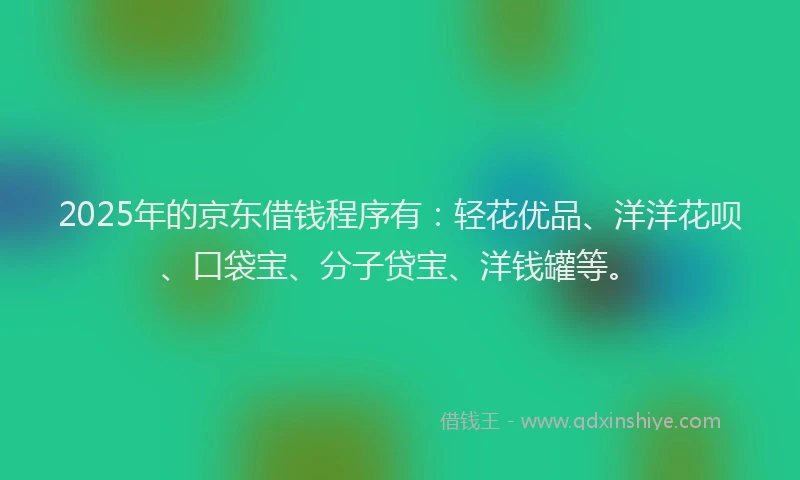 2025年的京东借钱程序有：轻花优品、洋洋花呗、口袋宝、分子贷宝、洋钱罐等。
