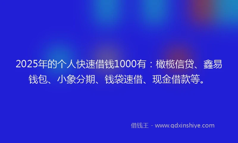 2025年的个人快速借钱1000有：橄榄信贷、鑫易钱包、小象分期、钱袋速借、现金借款等。