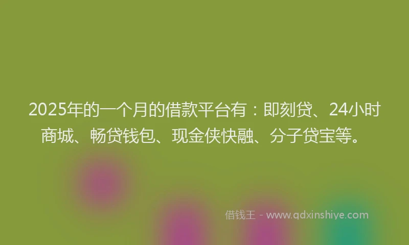 2025年的一个月的借款平台有：即刻贷、24小时商城、畅贷钱包、现金侠快融、分子贷宝等。