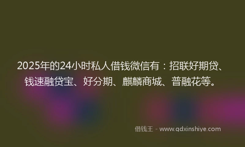 2025年的24小时私人借钱微信有：招联好期贷、钱速融贷宝、好分期、麒麟商城、普融花等。