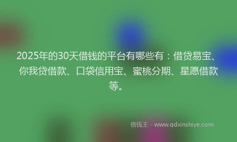 2025年的30天借钱的平台有哪些有：借贷易宝、你我贷借款、口袋信用宝、蜜桃分期、星愿借款等。