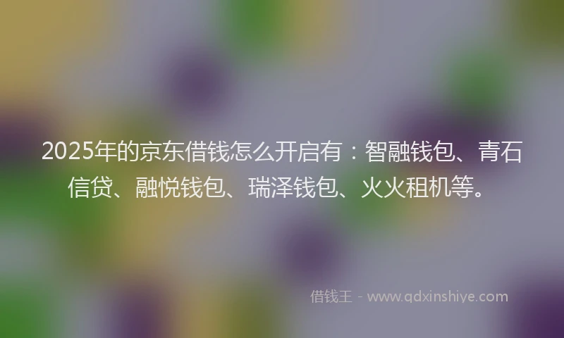 2025年的京东借钱怎么开启有：智融钱包、青石信贷、融悦钱包、瑞泽钱包、火火租机等。