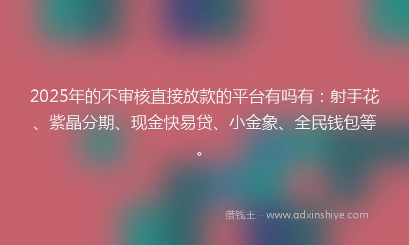 2025年的不审核直接放款的平台有吗有：射手花、紫晶分期、现金快易贷、小金象、全民钱包等。