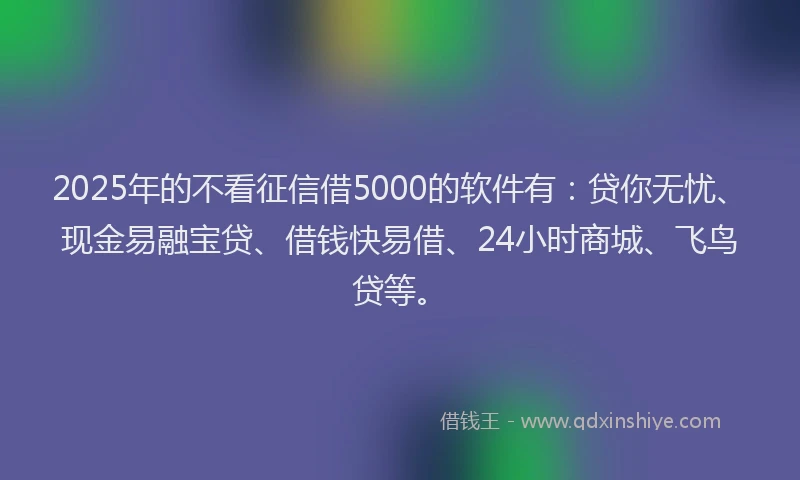 2025年的不看征信借5000的软件有：贷你无忧、现金易融宝贷、借钱快易借、24小时商城、飞鸟贷等。