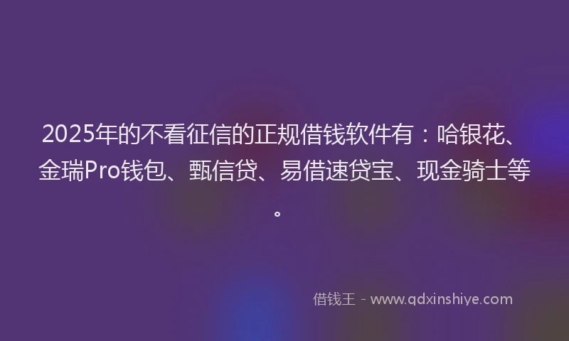 2025年的不看征信的正规借钱软件有：哈银花、金瑞Pro钱包、甄信贷、易借速贷宝、现金骑士等。