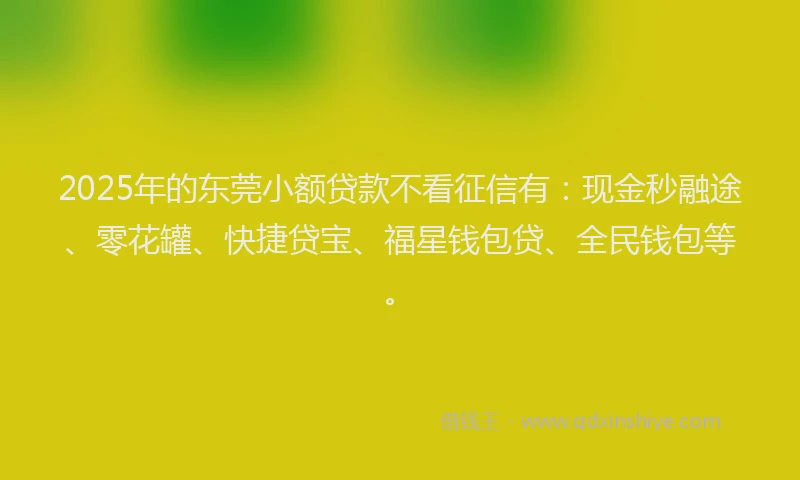 2025年的东莞小额贷款不看征信有：现金秒融途、零花罐、快捷贷宝、福星钱包贷、全民钱包等。