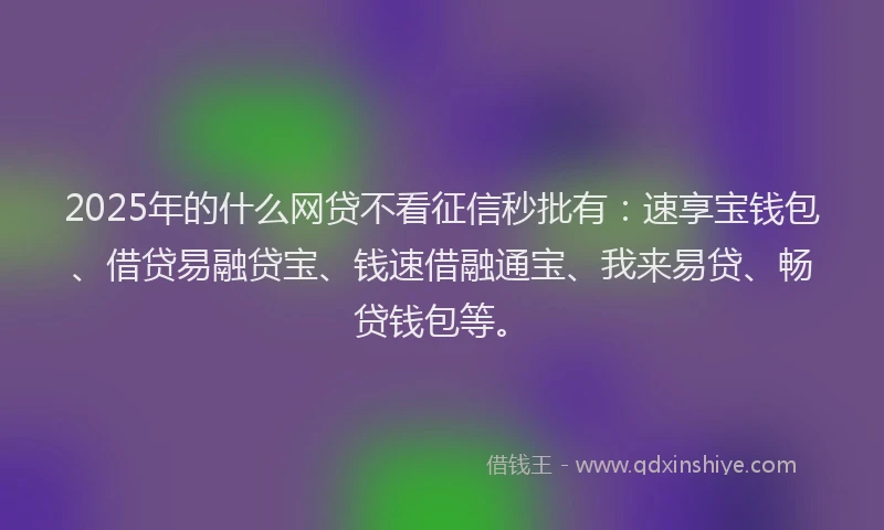 2025年的什么网贷不看征信秒批有：速享宝钱包、借贷易融贷宝、钱速借融通宝、我来易贷、畅贷钱包等。