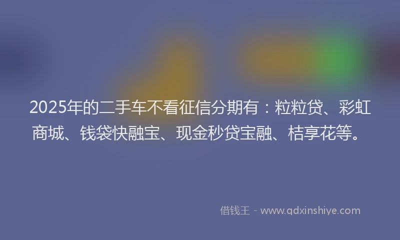 2025年的二手车不看征信分期有：粒粒贷、彩虹商城、钱袋快融宝、现金秒贷宝融、桔享花等。