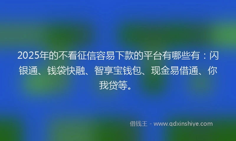 2025年的不看征信容易下款的平台有哪些有：闪银通、钱袋快融、智享宝钱包、现金易借通、你我贷等。
