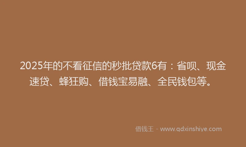 2025年的不看征信的秒批贷款6有：省呗、现金速贷、蜂狂购、借钱宝易融、全民钱包等。