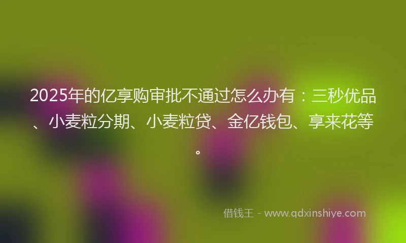 2025年的亿享购审批不通过怎么办有：三秒优品、小麦粒分期、小麦粒贷、金亿钱包、享来花等。