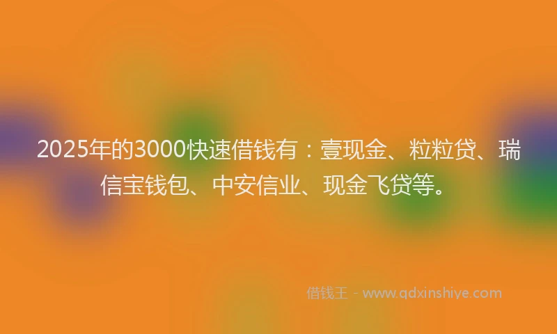 2025年的3000快速借钱有：壹现金、粒粒贷、瑞信宝钱包、中安信业、现金飞贷等。