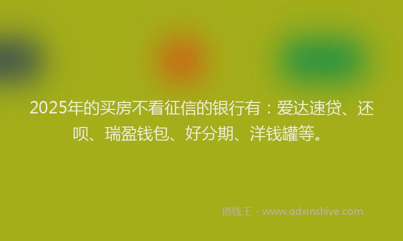 2025年的买房不看征信的银行有：爱达速贷、还呗、瑞盈钱包、好分期、洋钱罐等。