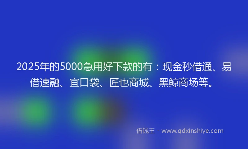 2025年的5000急用好下款的有：现金秒借通、易借速融、宜口袋、匠也商城、黑鲸商场等。