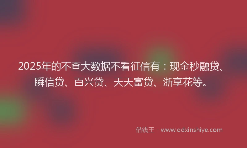 2025年的不查大数据不看征信有：现金秒融贷、瞬信贷、百兴贷、天天富贷、浙享花等。